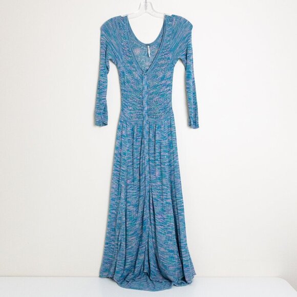 ✨ Free People Blue Galaxy Space Dyed Henley Sweater Midi Dress Pointelle Knit - Picture 2 of 12